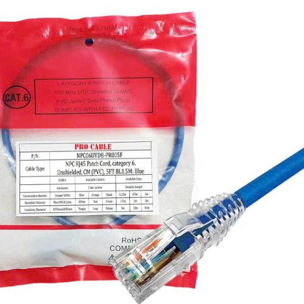 NPC RJ45 Patch Cord Pro Cable, category 6, Unshielded, CM (PVC), 5FT, 1.5 mét