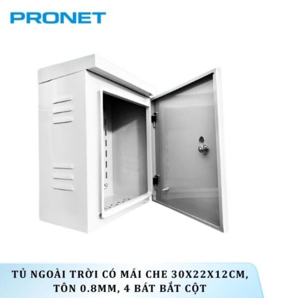 Tủ ngoài trời có mái che 30x22x12cm, tôn 0.8mm, 4 bát bắt cột PRONET